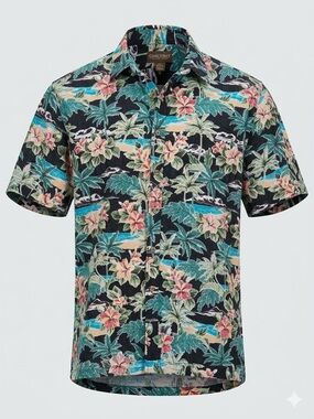 Cooke Street Hawaiian Islands Tropical Beach Aloha Shirt Black Floral Men's XL